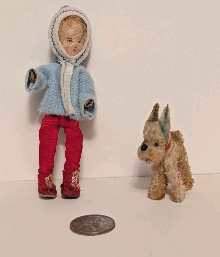 Vintage German Dollhouse  Doll  & Vintage Miniature Dog