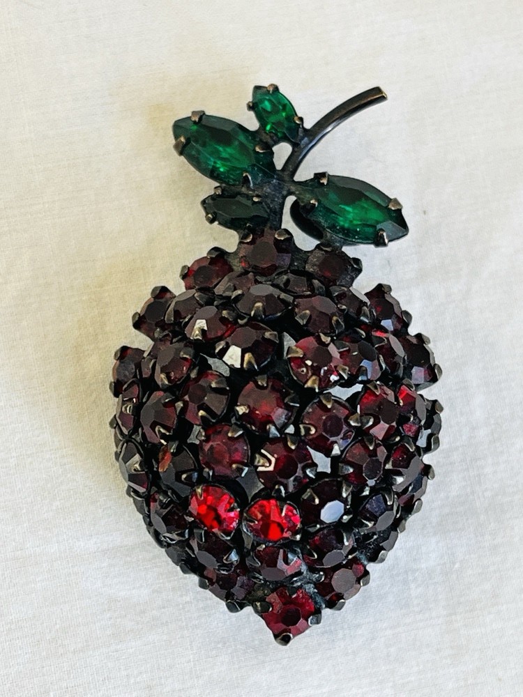 Vintage Warner Strawberry Brooch with Domed Rhinestones on Black