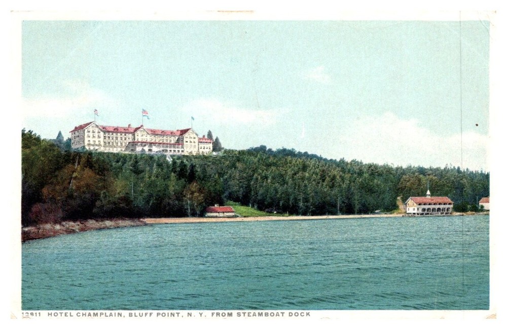 1916 Looking Across Lake Hotel Champlain Bluff Point New York Vintage Postcard