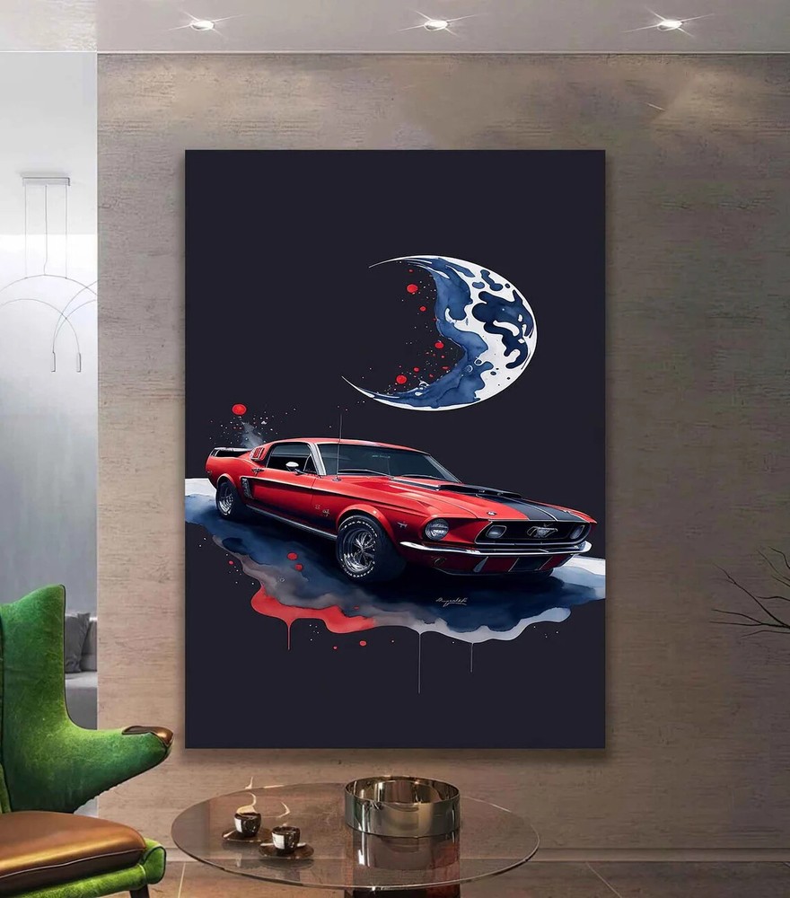 Flying Red Abstract Race Car Art, With Moon Wall Art Canvas Unframed Print Art-image