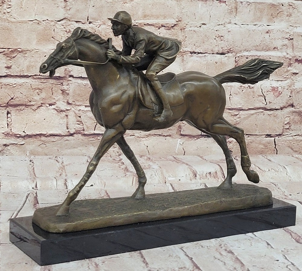 BRONZE DELAWARE PARK HORSE RACING EQUESTRIAN BRONZE JOCKEY ON RACE HORSE MARBLE
