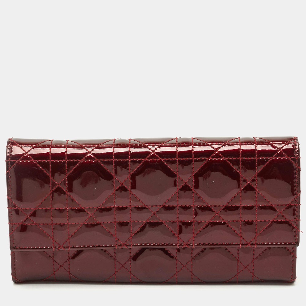 Dior Dark Red Cannage Patent Leather Lady Dior Wallet on Chain
