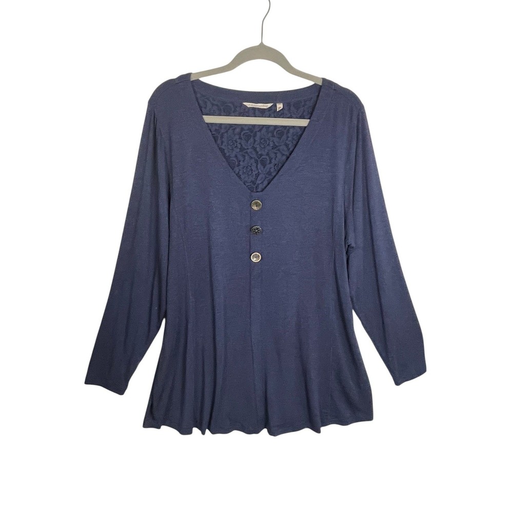 Soft Surroundings Navy Blue Lace V-Neck Button Top 1X Long Sleeve Modal