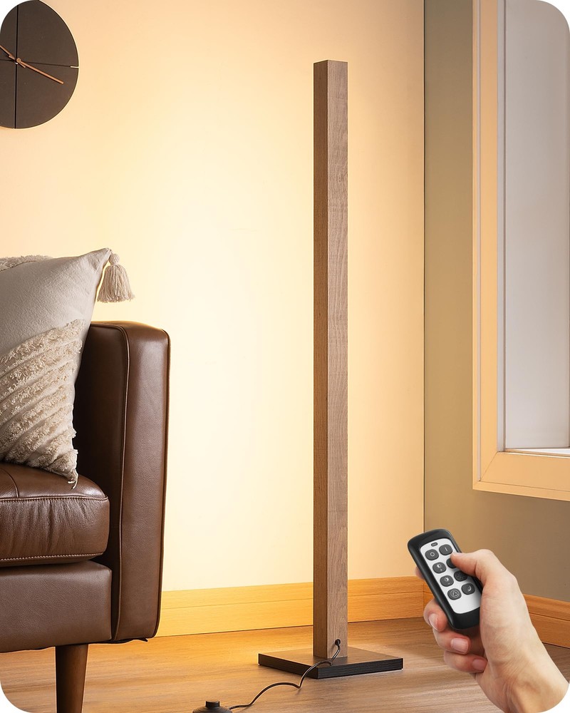 Wood LED Corner Floor Lamp, Modern Dimmable Light with Remote, Minimalist Sta...