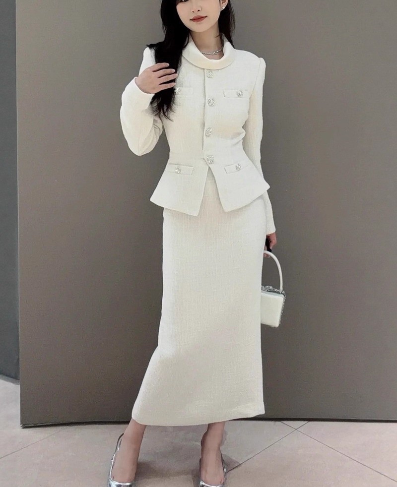 Self Portrait Women's tweed patchwork long-sleeved stand-up collar Dresses