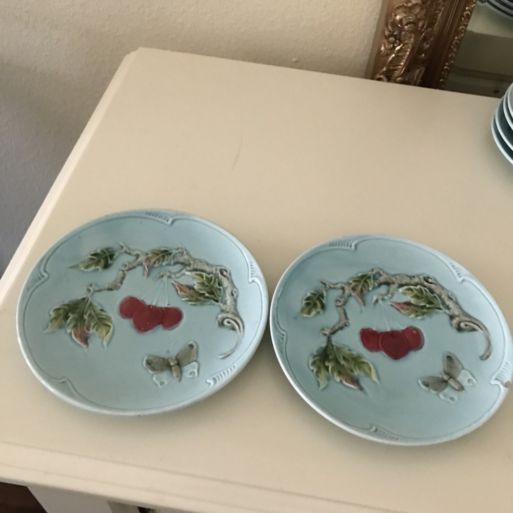 Vintage Two G S ZELL Germany Majolica Blue Bread Plate Cherries Butterfly,Flaw