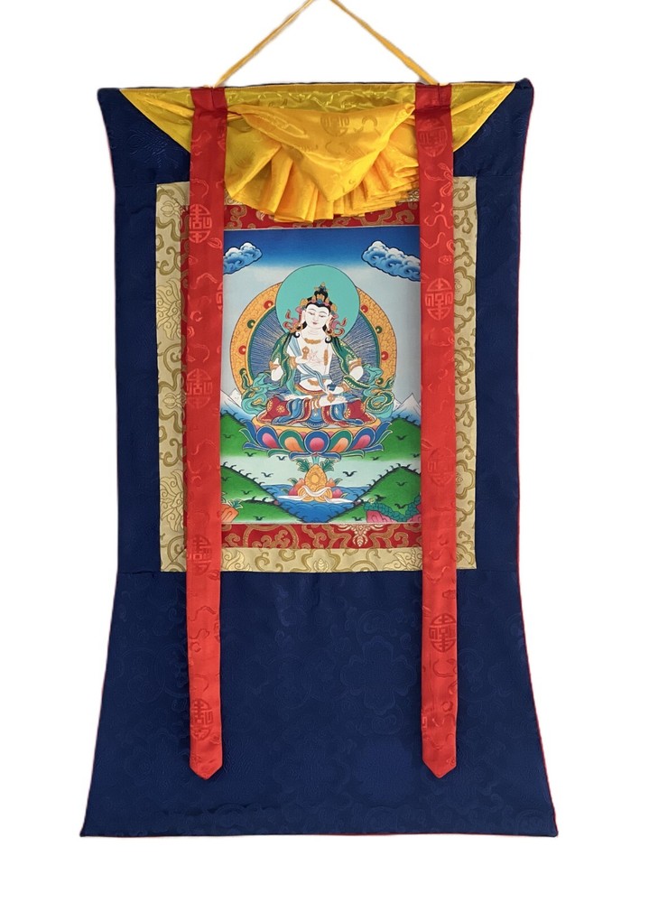 VAJRASATTVA/DORJE SEMPA ORIGINAL TIBETAN THANGKA PAINTING WITH SILK BROCADE