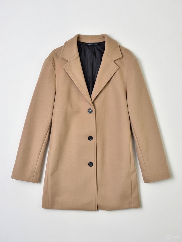 Men's Beige Camel Mid-Length Overcoat Button Front Notch Collar Lined Size M