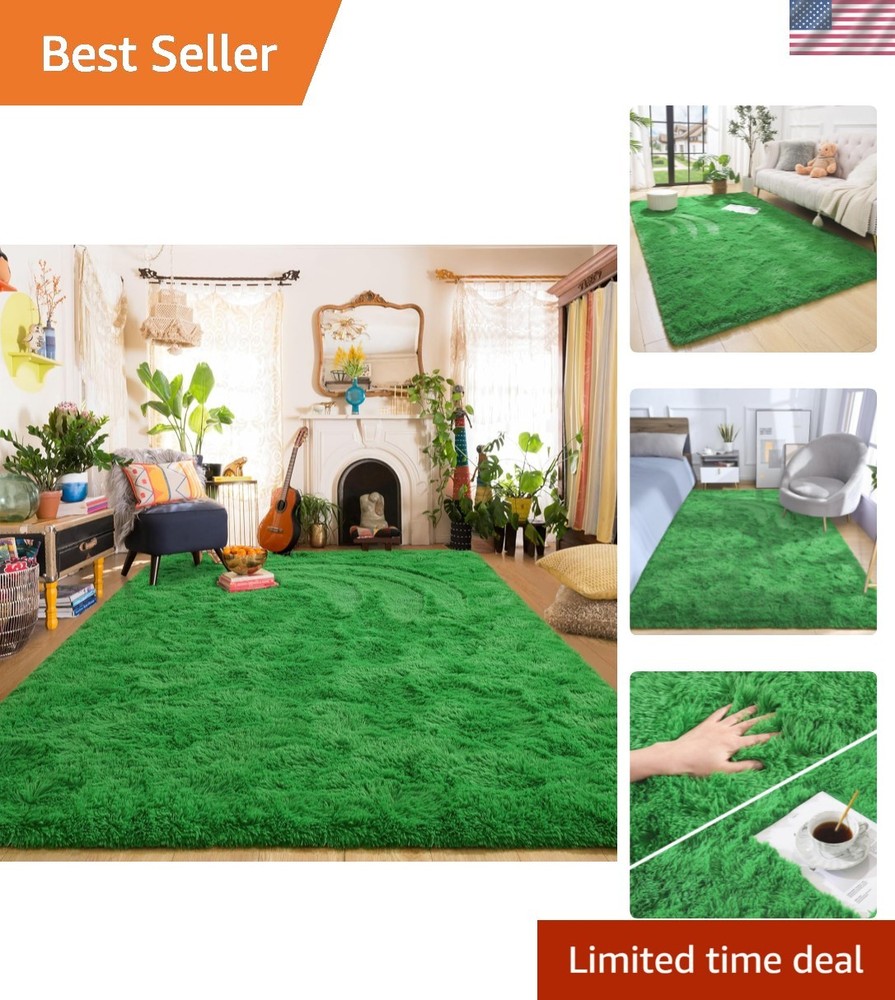 Luxurious Green Soft Shag Rug 5x7.5 Feet for Bedroom & Living Room Decor