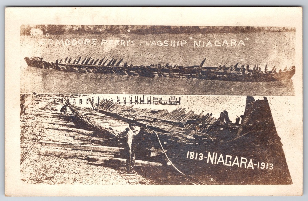 RPPC PA Erie Perry’s Flagship USS Brig Niagara on Shore Real Photo Postcard
