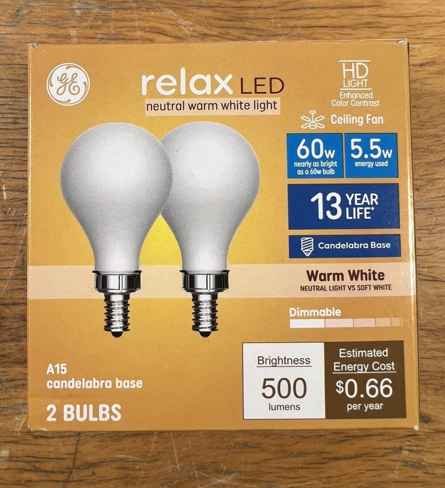 GE Relax 60W Dimmable Warm White Candelabra LED Bulbs 2-Pack
