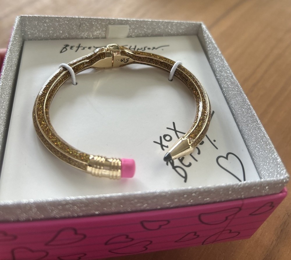 New! Betsey Johnson Gold Glitter Pencil Hinged Cuff Bracelet With Box