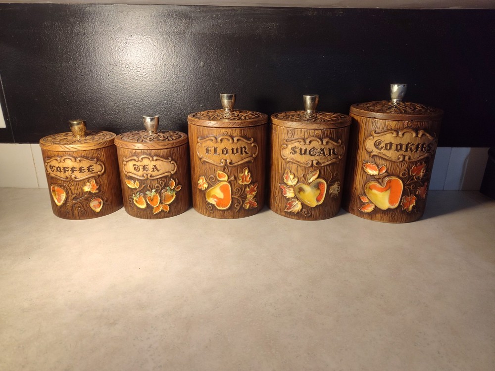 Vtg Mcm Treasure Craft Canister Set Of 5 W/ Lids Cookies,Sugar,Flour,Coffee,Tea
