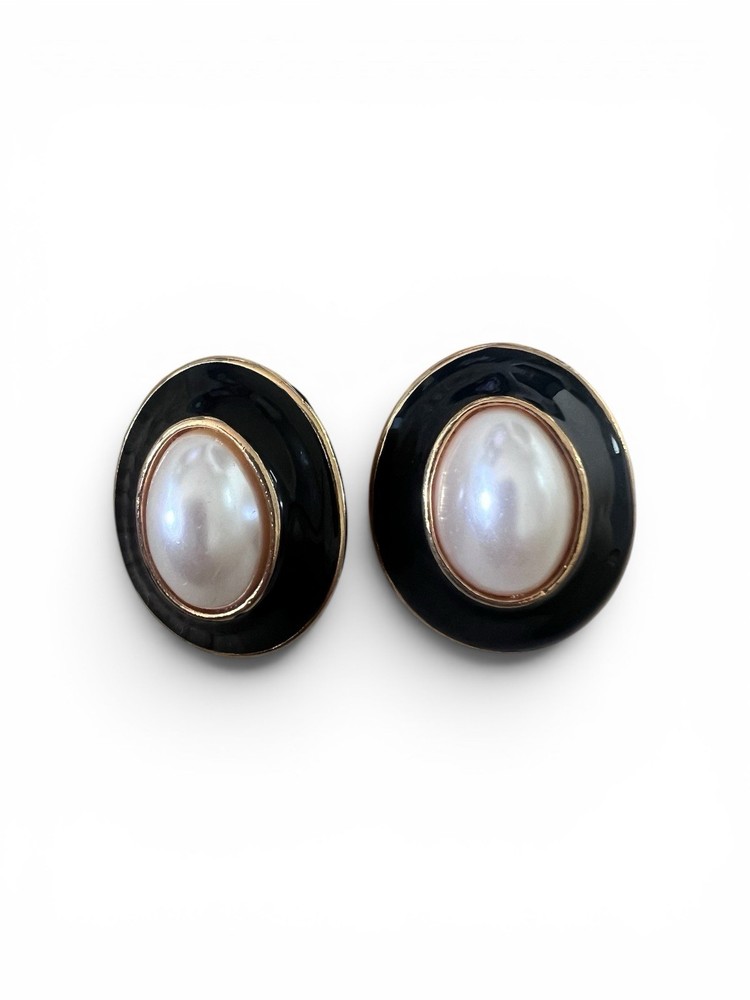 Vintage Black Enamel Faux Pearl Clip-On Earrings Gold Tone Retro Chic Jewelry