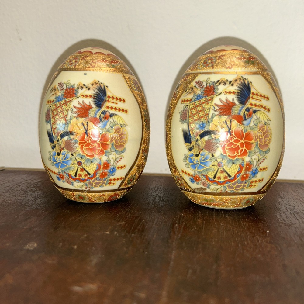 Royal Satsuma Gold-Trimmed Porcelain Eggs – Pair  