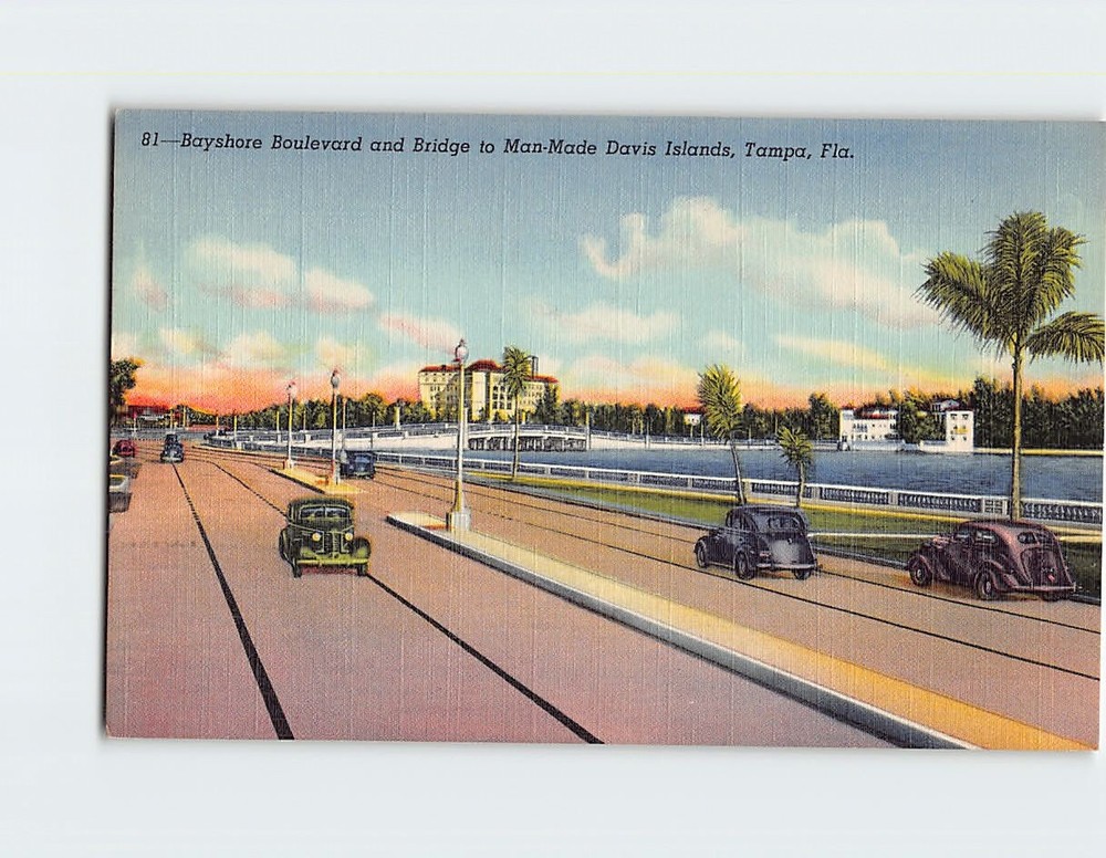 Postcard Bayshore Boulevard And Bridge to Man-Made Davis Islands Tampa Florida