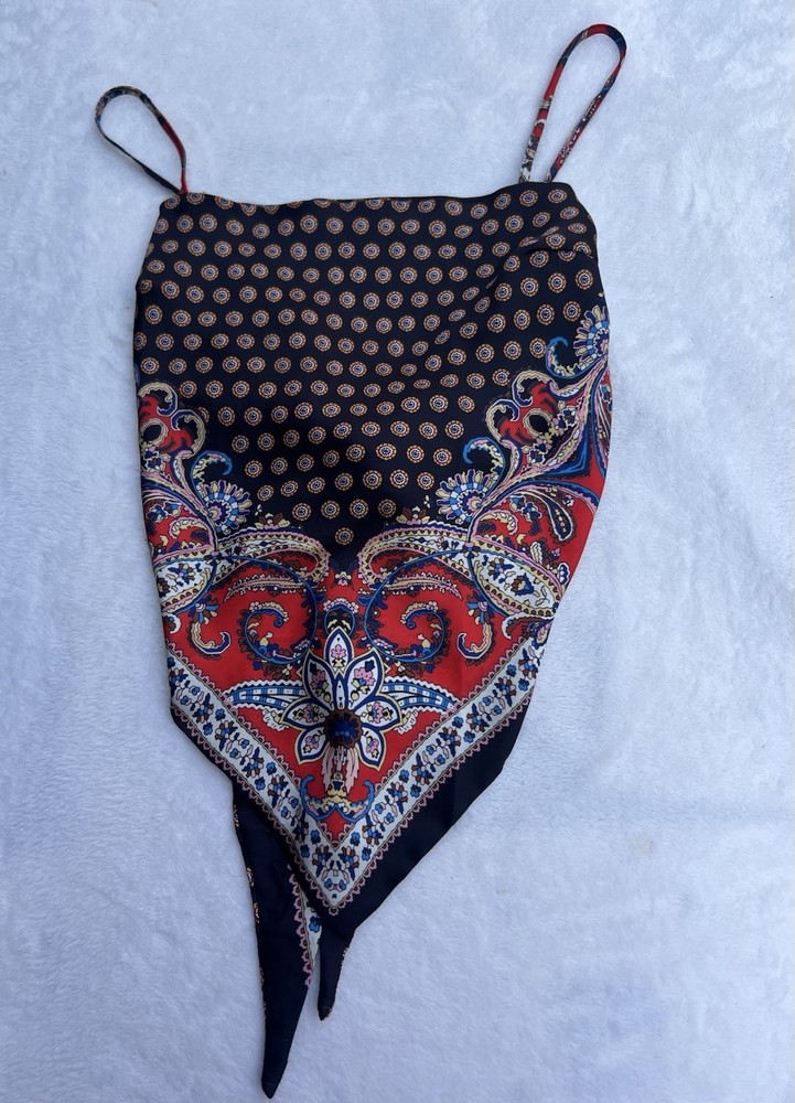 Multicolor Black Floral Paisley Bandana Sleeveless Cami Tank Crop Top Size M EUC