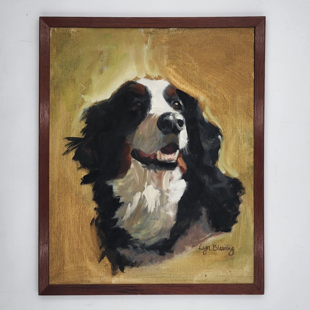 Mid-Century Original Oil Painting Bernese Mountain Dog Portrait Framed Signed Ar