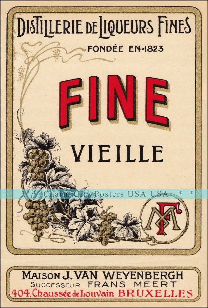 Fine Vielle Wine Label Art Early 1900s Vintage Poster Print Retro Style Wall Art