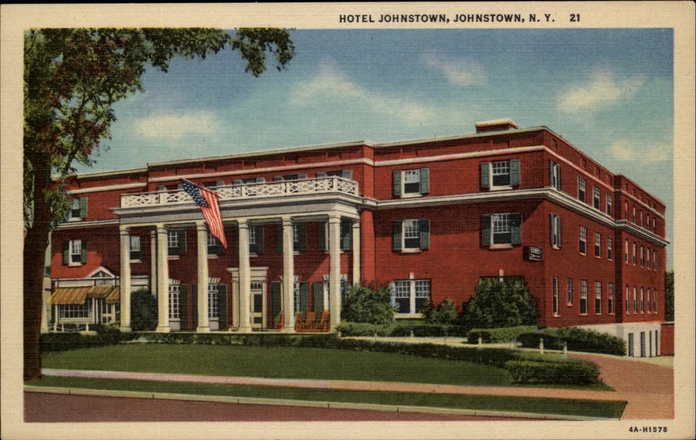 Johnstown New York ~ Hotel Johnstown ~ American flag ~ linen postcard sku933