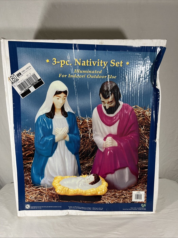Vintage Nativity Set 28 Inch Lighted Blow Mold Mary Joseph Jesus NOS