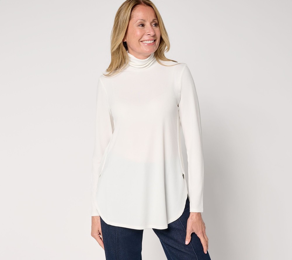 Susan Graver Women's Top Sz M Essentials Liquid Knit Mock-Neck White A703207