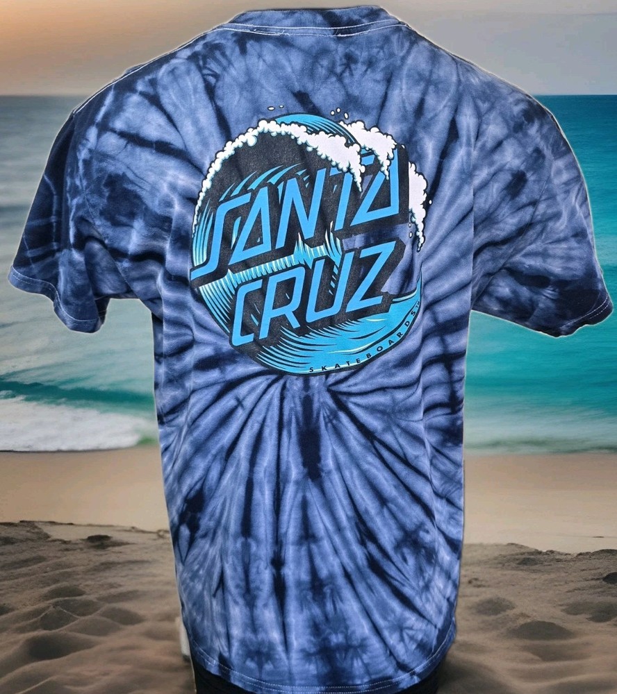 Original Santa Cruz Skateboards WAVE Black Blue Gray Tie Dye T-Shirt Men's Sz L