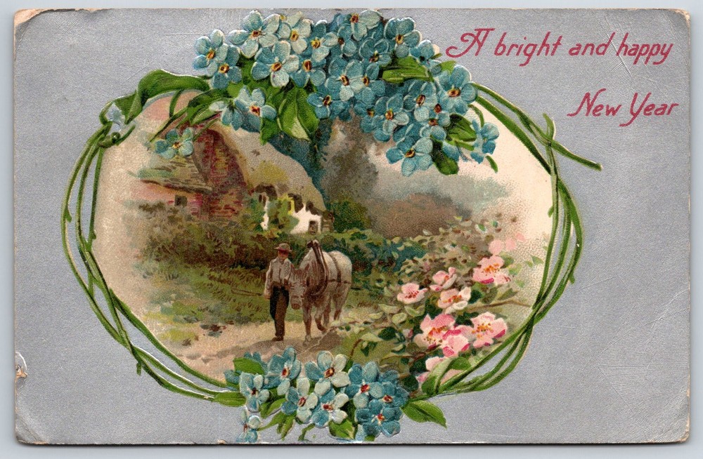 Winsch~Bright & Happy New Year~Blue Flowers & Horse~PM 1910~Vintage Postcard