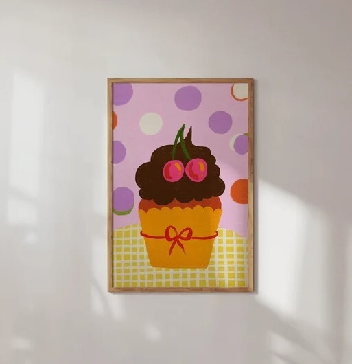 Colorful Cherry Muffin Wall Art, Colorful Wall Art, Kitchen Print, Sweet Dessert