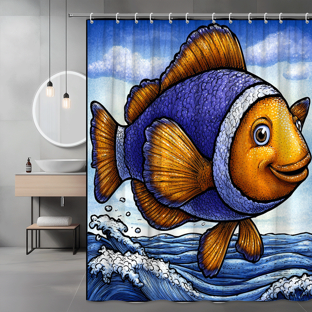 Clownfish Shower Curtain Ocean Fish Blue Orange Graphic