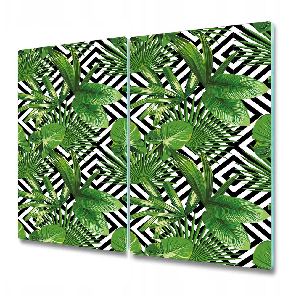 Glass Induction Ceramic Hob Cover Geometric tropical leaves white 2x30x52