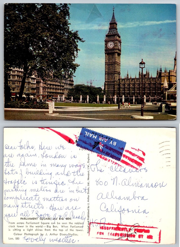 Vintage Big Ben London Postcard Parliament Square J. Arthur Dixon