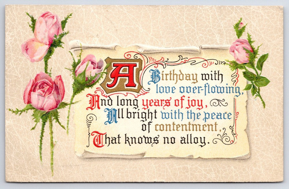 Greetings~Birthday Poem~Calligraphy~Pink Flowers~Winsch Vintage Postcard