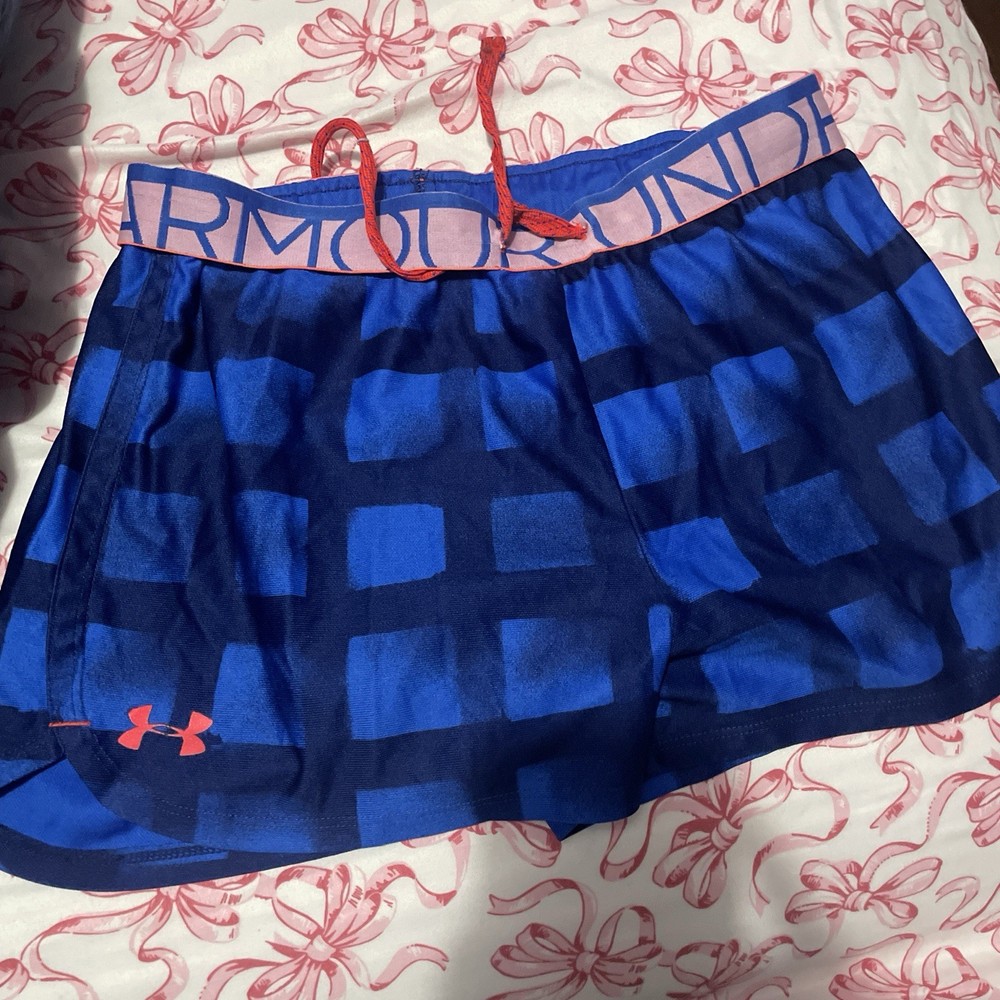 Under Armour Women's Blue Pink Geometric Athletic Shorts Drawstring Activewear