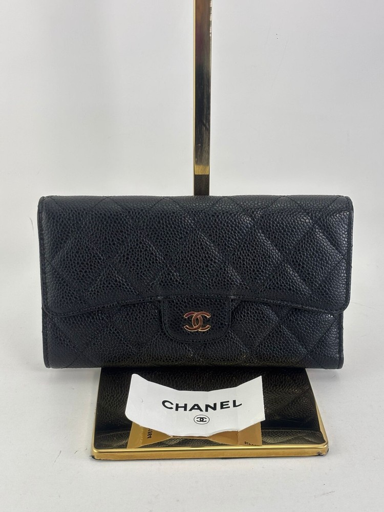 Authentic Chanel Classic Flap Black Caviar Leather Clutch Continental Wallet