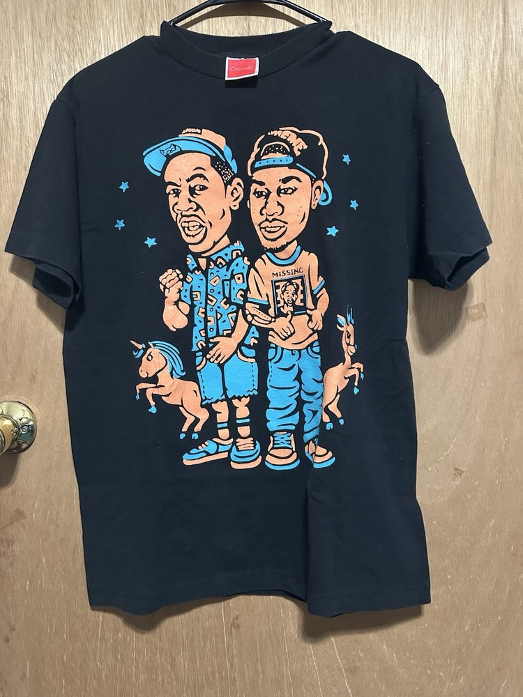 Rare Cajmear Graphic Tee Cartoon Print Hip Hop Style Black T-Shirt