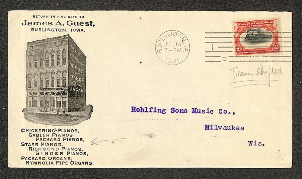 Usa 295 High Train Stamp Burlington Iowa Guest Pianos Organs Ad Cover 1901