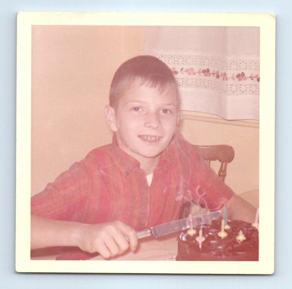 Old Vintage Square Color Photo SOLO SMILING BOY CUTTING CHOCOLATE CAKE PICTURE