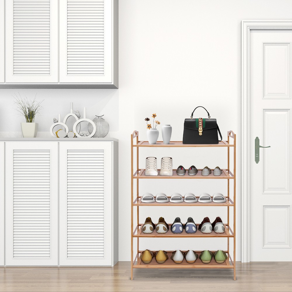 5-Tier Bamboo MDF Shoe Rack Cabinet Entryway Storage Organizer