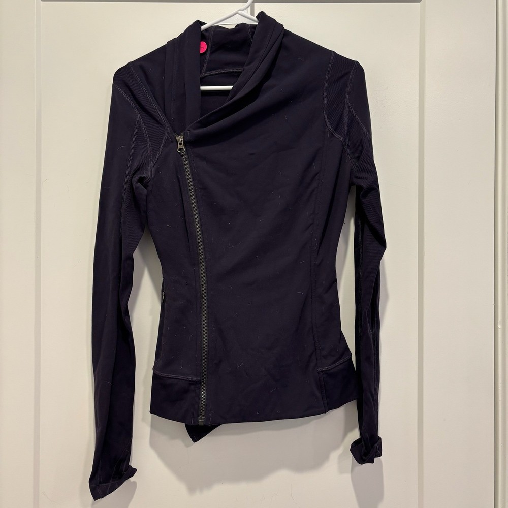 Lululemon Asymmetric Zip Moto Jacket Navy Blue Purple Funnel Neck Thumbholes