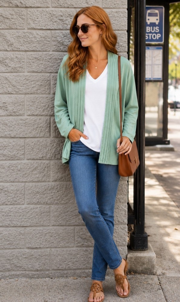 L.L.Bean Women's Open Front Cardigan XL Regular Green Long Sleeve Lightweight...