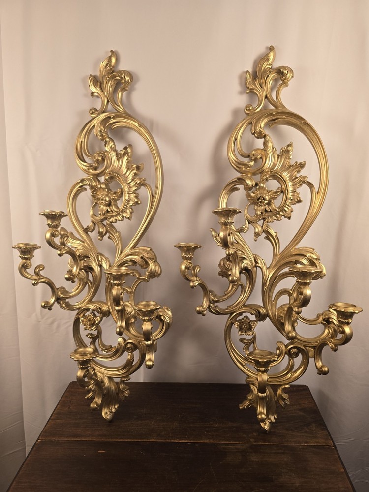 Set Of 2 VTG Dart Gold Floral Ornate Wall Hanging 5 Arm Sconces Candle Holders