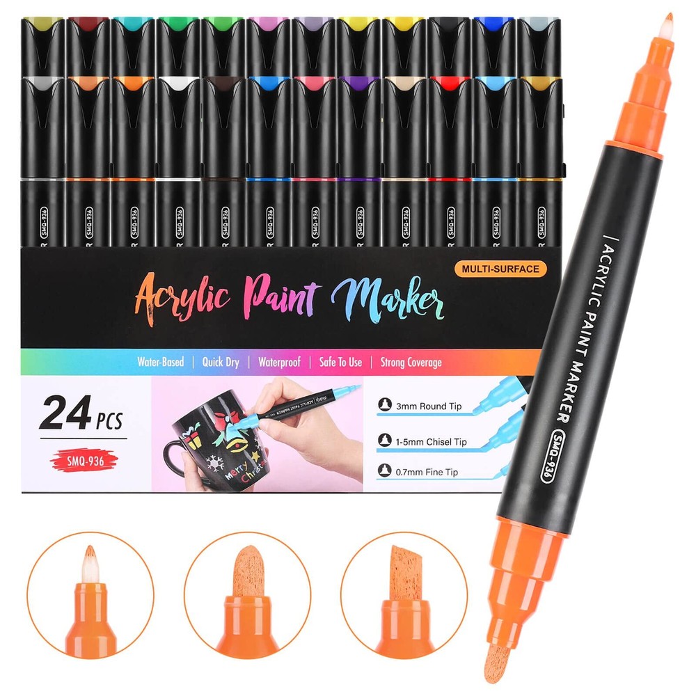24 Colors Three Tips Paint Pens Paint Markers, Acrylic Markers Pens With Fine...