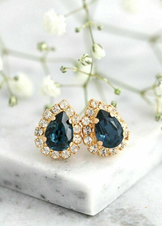 Pear Cut Simulated London Blue Topaz Pretty Stud Earring 14k Yellow Gold Plated