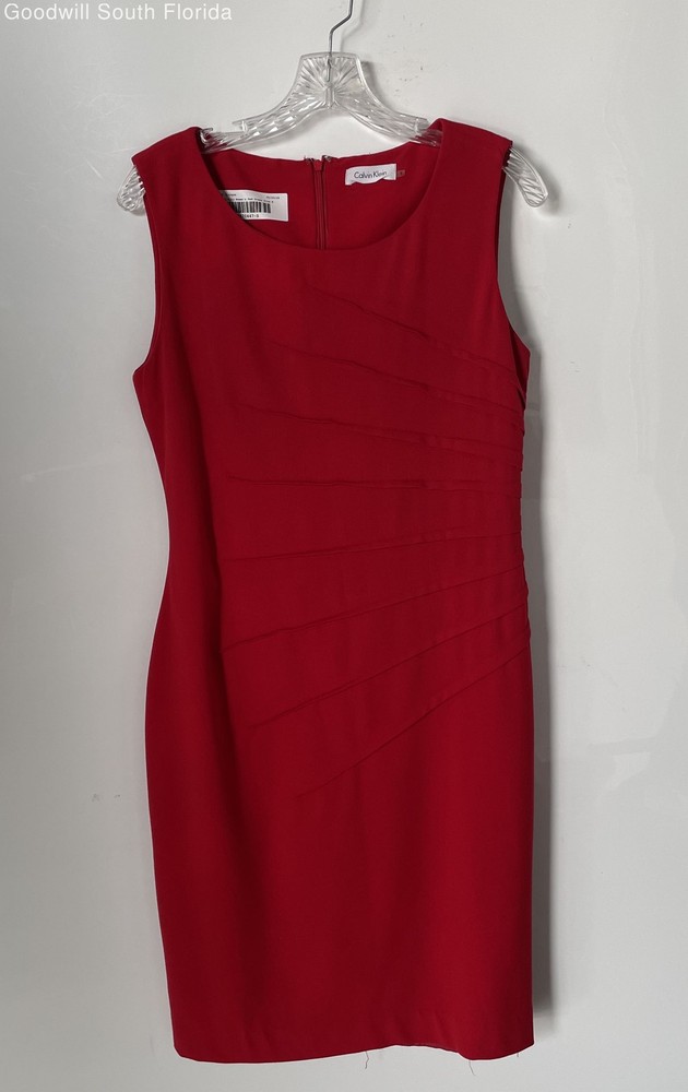 Calvin Klein Womens Red Sleeveless Pleated Back Zip Round Neck Sheath Dress Sz 8
