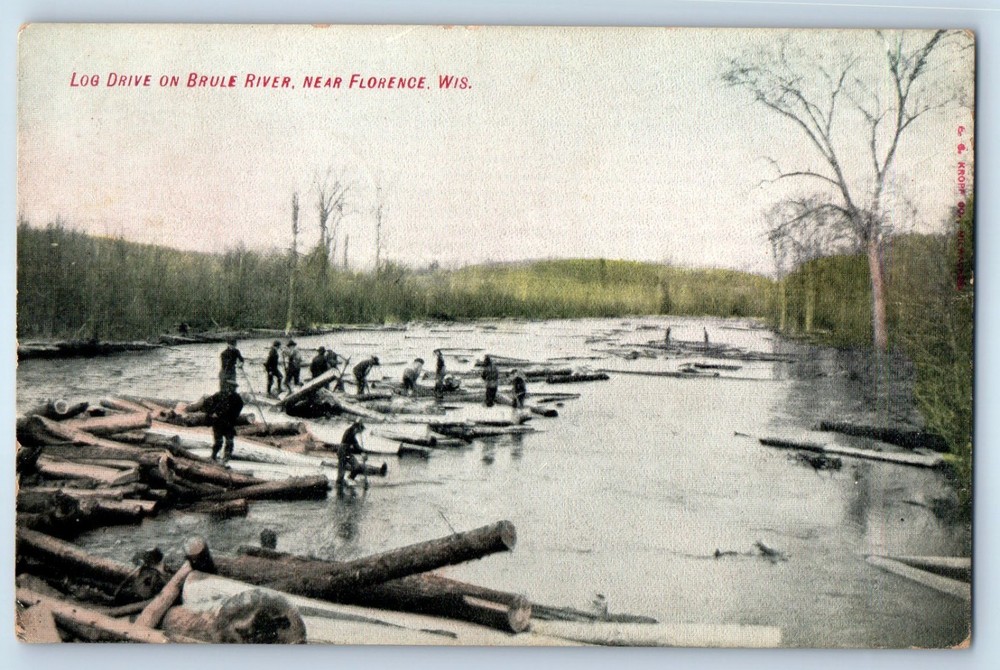 c1909 Florence Wisconsin WI Vintage Postcard Log Drive Brule River Scene Posted