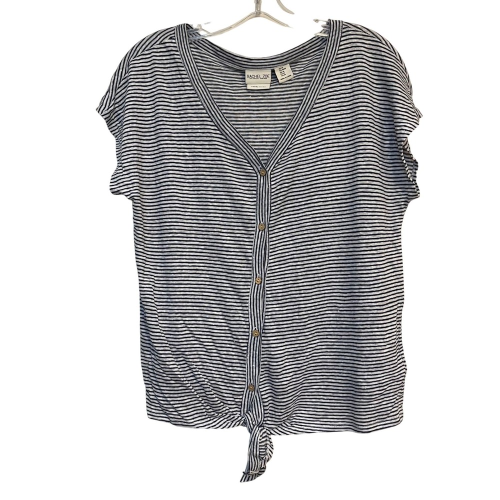 Rachel Zoe Shirt 100% Linen Flax Blue White Button Tie Front Short Sleeve Medium