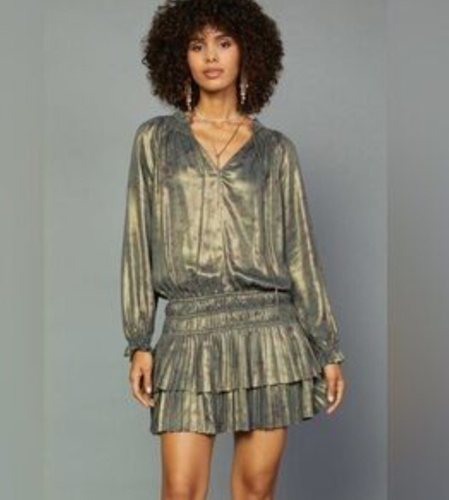 NWT Anthropologie Current Air Gold Satin Metallic Floral Tired Mini Dress Medium
