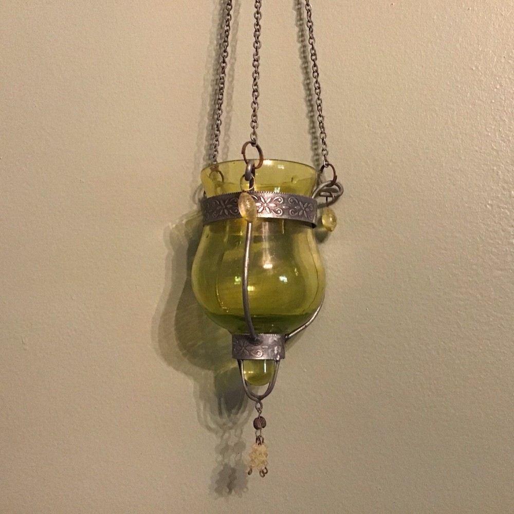 Vintage Glass Hanging Candle Holder Green Votive Candle Holder