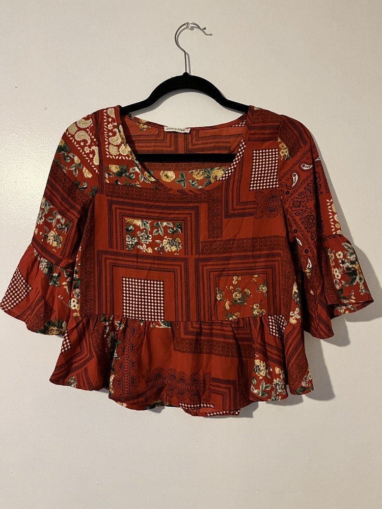 Peach Love Boho Floral Bell Sleeve Blouse Women’s Small Flowy Bohemian Top